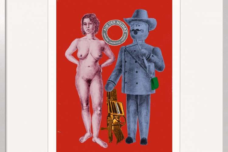 Die Grafik von Thomas Gatzemeier Aus der Heimat ist mehr als eine ironische Collage – es ist ein Spiegel kultureller Eigenheiten, eine kritische Reflexion über das „Deutschtum“ und ein augenzwinkernder Beitrag zur zeitgenössischen Pop-Art mit volkskulturellem Bezug. Eine nackte Frau trifft einen bewaffneten Räuchermann.