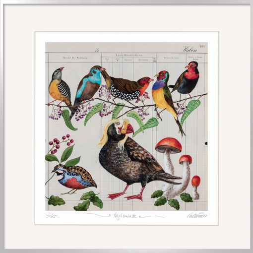 Vogelparade Grafik von Thomas Gatzemeier mit bunten Vögeln