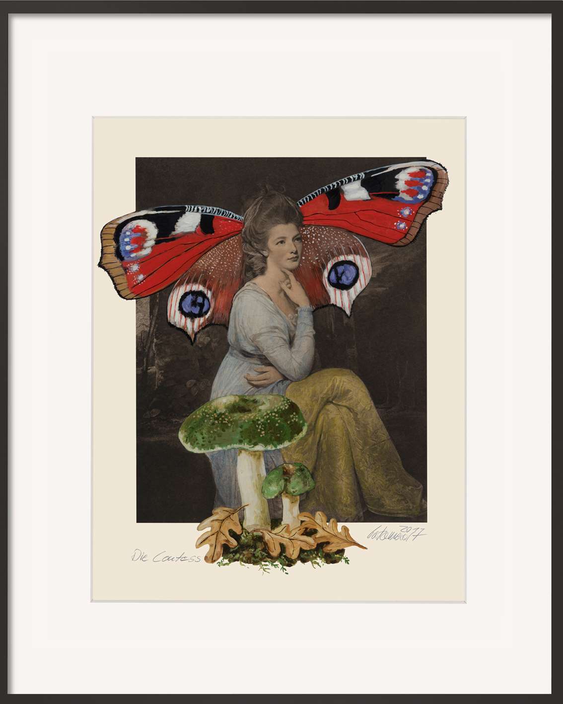Heliogravüre Die Countess von Thomas Gatzemeier – Frau mit Schmetterlingsflügel und Pilz als symbolische Kunstcollage.