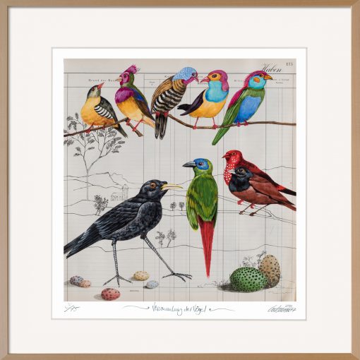 Versammlung der Vögel ist eine farbenfrohe Grafik von Thomas Gatzemeier
