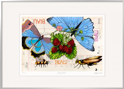 Thomas Gatzemeier Blaufalter ist eine farbintensive Grafik mit blauen Schmetterlingen