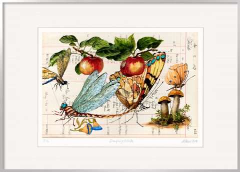 Thomas Gatzemeier Blauflügellibelle ist eine farbintensive Grafik mit einer auch Seejungfer genannten Libelle.