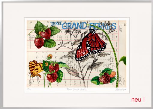 Gatzemeier Three Grand Berries izeigt Schmetterlinge und Erdbeeren in intensiven Farben auf Kontopapier