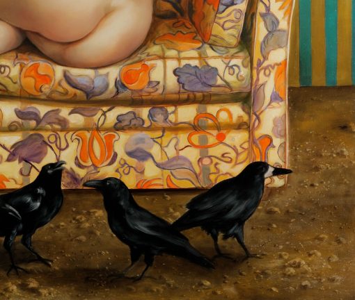 Gemälde von Thomas Gatzemeier Die Vögel. Detail mit Raben auf dem Boden und ängstlicher Frau