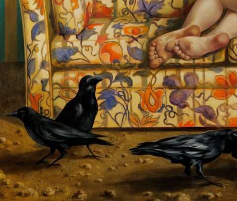 Detail des Ölbildes Die Vögel von Thomas Gatzemeier mit Raben im Zimmer