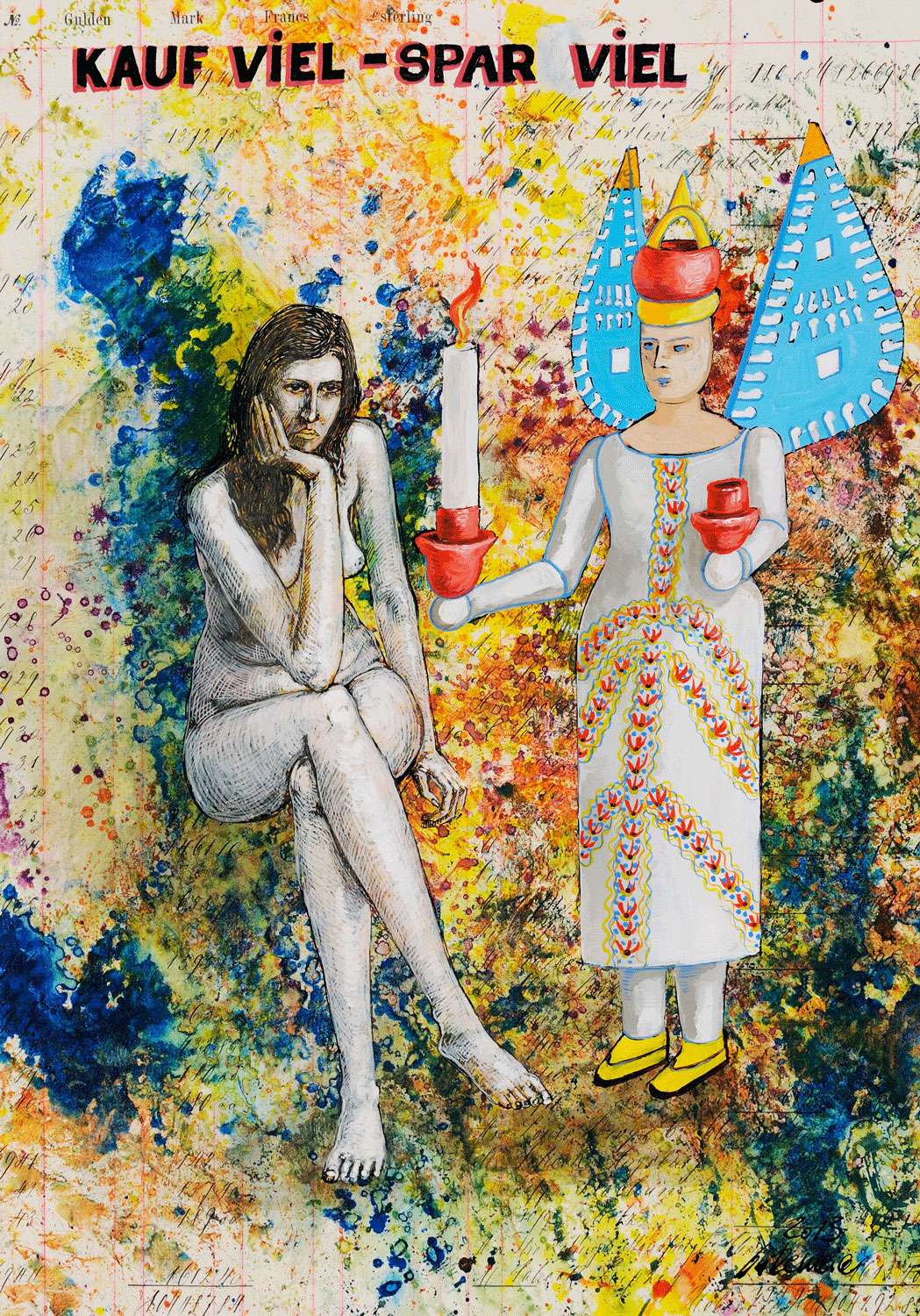 Die Postkarte KAUF VIEL - SPAR VIELL von Thomas Gatzemeier zeigt einen Weihnachtsengel und eine nachdenkliche Frau