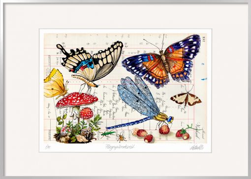 Thomas Gatzemeier Fliegenpilzerntezeit Grafik mit Schmetterlingen und einer Libelle