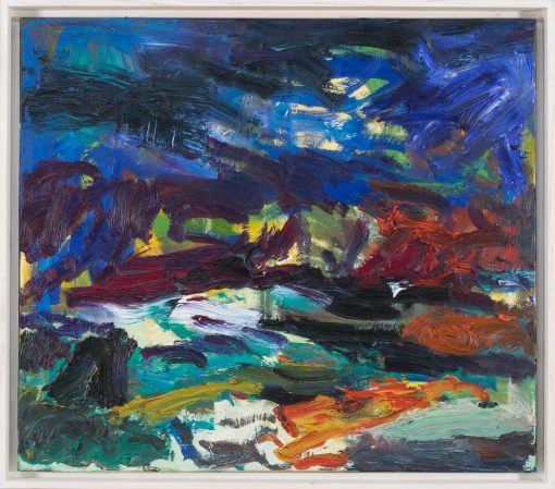 Das Gemälde des Malers Torsten Ueschner Blaue Landschaft Nr.285 stellt eine expressiv gemalte Landschaft mit dunkel Blauem Himmel dar.