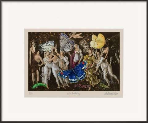Der Pigmentdruck von Thomas Gatzemeier Der Frühling ist eine Malereicollage nach einem Gemälde von Sandro Botticelli. Farbig und mit Schmetterlingen.