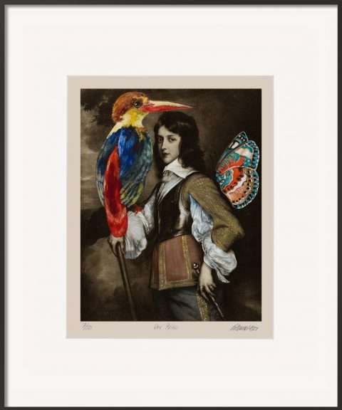 Die Malereicollage von Thomas Gatzemeier Der Prinz stellt einen jungen Mann mit einem bunten Vogel und einem Schmetterling dar.