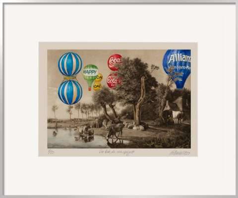 Die Malereicollage von Thomas Gatzemeier Die Kuh, die sich spiegelt zeigt weidende Kühe an einem Weiher mit Heißluftballons am Himmel