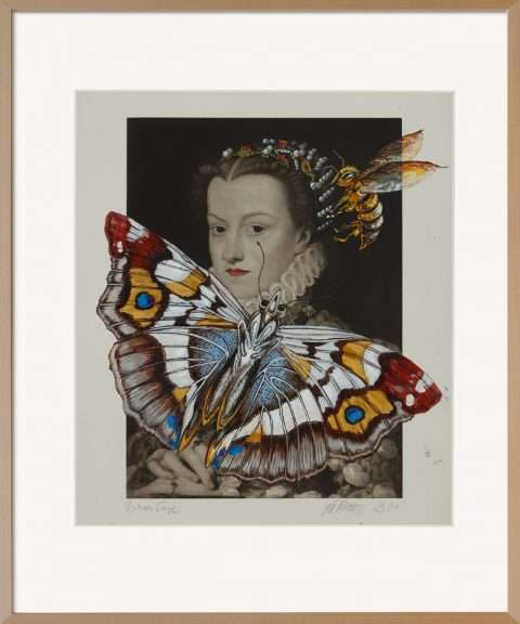 Die Arbeit von Thomas Gatzemeier Bienenliebe aus dem Jahr 2021 ist mit der Technik Acryl auf Heliogravüre beschrieben und hat die Größe von 34 x 31 cm. Hier angeboten mit Holzrahmen