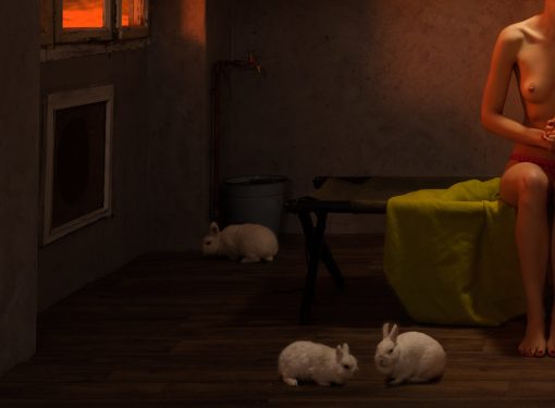 After Sunset-Detail 2 ist ein Ausschnitt der gleichnamigen Fotografie des Künstlers Horst Kistner. Er zeigt die am Boden sitzenden Hasen zu Füßen einer auf dem Bett sitzenden nackten Frau.