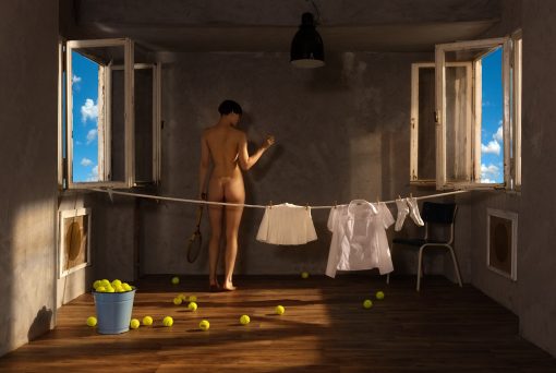 Horst Kistner Kunst Postkarte Fifteen Love ist sinnlich. Sie zeigt eine nackte Tennisspielerin. Eine Postkarte für Tennisspieler.