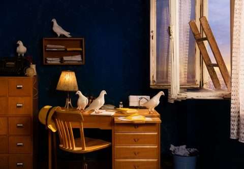 Horst Kistner Tauben Postkarte Lettres Intimes ist eine Postkarte mit Brieftauben. Sie sitzen auf einem Schreibtisch und wollen Briefe in die Welt tragen.