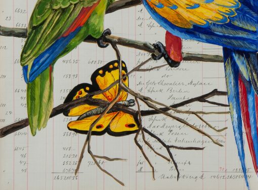 Auf der Abbildung von Thomas Gatzemeier Bunte Vögel im Gehölz Detail 3 darf natürlich auch der Schmetterling nicht fehlen.