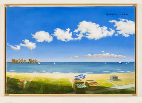 Das Gemälde von Thomas Gatzemeier Baltic Sea 9 zeigt einen freundlichen Sommertag an demWarnemünder Strand. Der Künstler verwendete für dieses Motiv eine Webcam die diesen Strandabschnitt jederzeit zeigte.