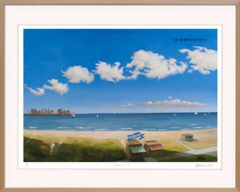Der Kunstdruck von Thomas Gatzemeier Baltic Sea 9 ist ein Pigmentdruck des gleichnamigen Gemäldes. Dieses zeigt den Strand von Warnemünde und die Ostsee bei schönstem Sommerwetter.