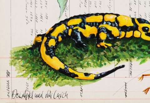 Das Detail der Arbeit Der Apfel und der Lurch zeigt das Bild von nah mit dem Schwanz des Lurchs und dem Titel des Blattes.