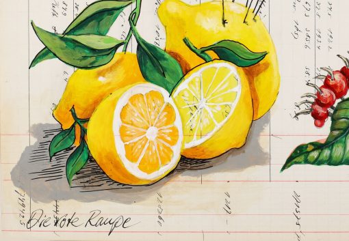 Thomas Gatzemeier Die rote Raupe eine Detaildarstellung der fein gemalten Zitronen mit der Betitelung des Künstlers unten links.