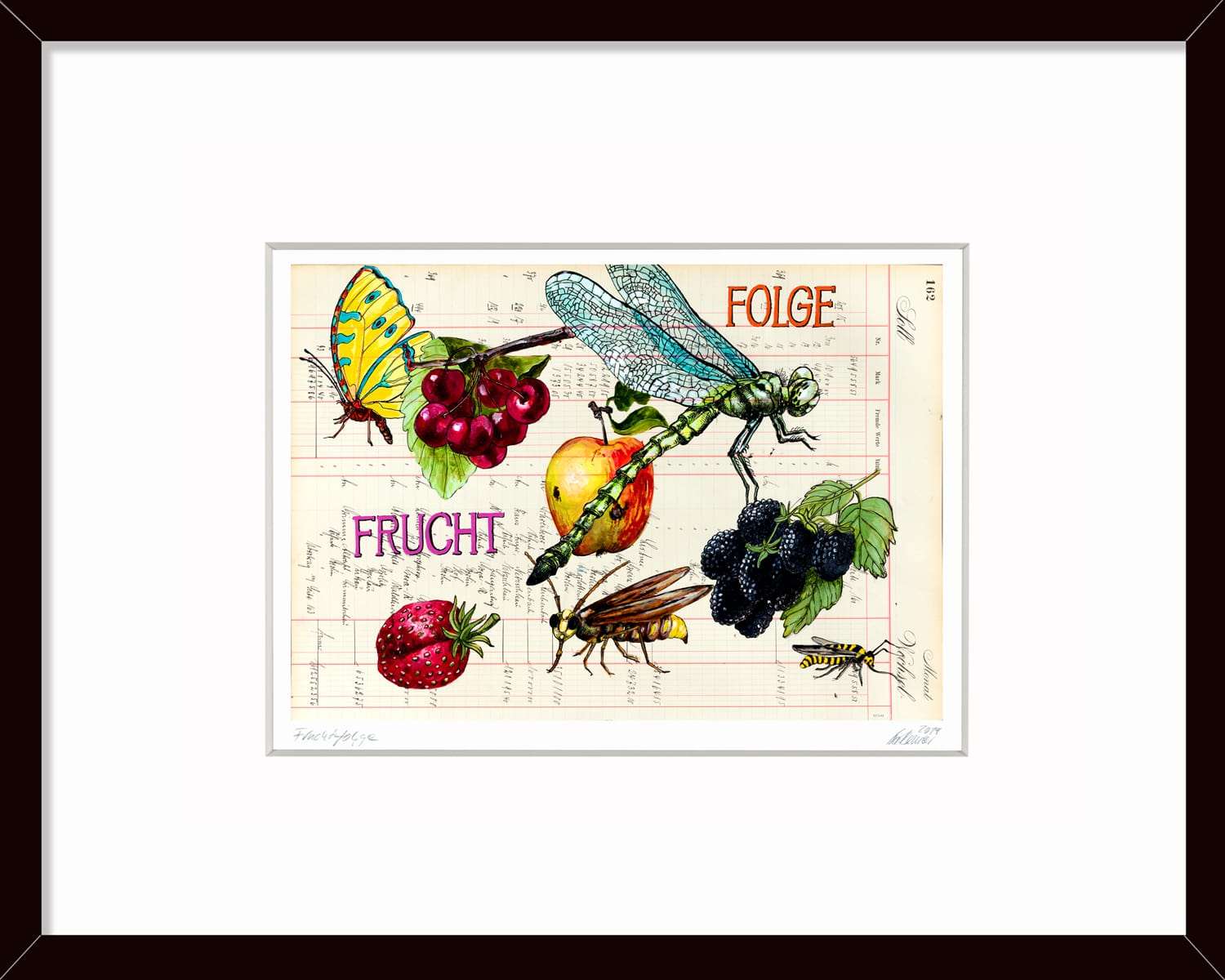 Ein kleines Kunstgeschenk mit dem Titel Fruchtfolge kommt natürlich gut an. Es zeigt viele Früchte die von Insekten umschwärmt werden.