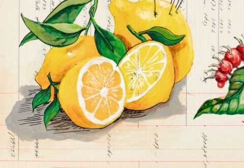 Das detail der Grafik von Thomas Gatzemeier Rote Raupe zeigt naturalistisch gemalte Zitronen.