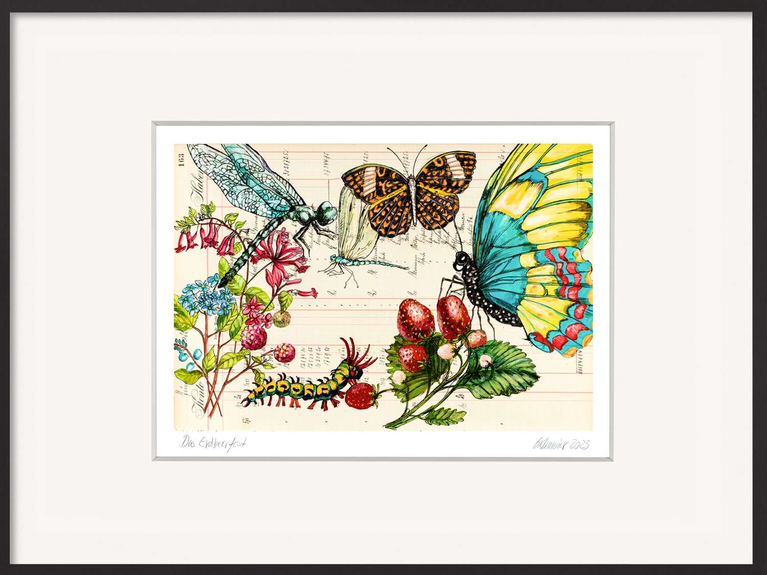 Das Erdbeerfest von Thomas Gatzemeier ist ein Frühlingsbild voller Farbe, Erdbeeren und Schmetterlinge. Ideal als Kunst-Geschenkidee und ein Gute-Laune-Geschenk für Kunstliebhaber.