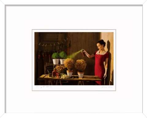 Dieses kleine Kunst Geschenk für Gartenliebhaber zeigt eine Frau, welche vertrocknete Blumen mit einem Farbspray gelb lackiert.