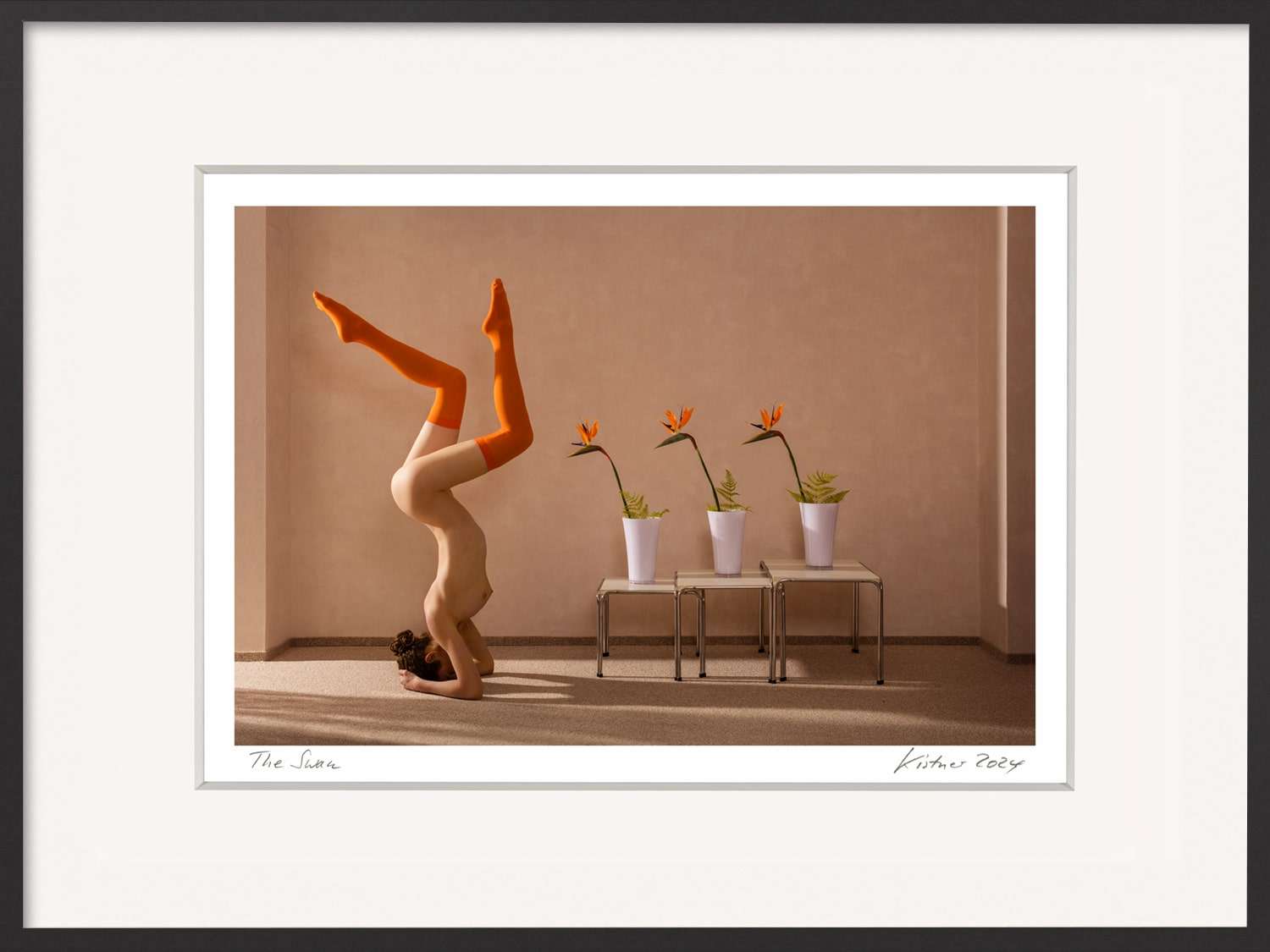 Sinnliche Kunstfotografie fürs Schlafzimmer: nackte Frau im Kopfstand mit orangefarbenen Strümpfen und Strelitzien – ‚The Swan‘ von Horst Kistner.“