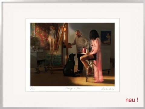 Die Fotografie von Horst Kistner, Menage a Trois ist eine einzigartige Aufnahme des Künstlers Thomas Gatzemeier mit einem Model in seinem Leipziger Atelier. Besonders ist diese inszenierte Fotografie, weil auch der Hund des Models dabei ist und die Komposition abrundet.