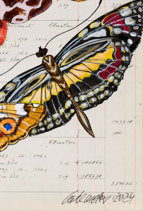 Das Detail 3 der Arbeit aus dem Zyklus Sammelsurium von Thomas Gatzemeier mit dem Titel "Der Sonne entgegen-" zeigt die Signatur des Künstlers und das Kontopapier aus dem Jahr 1907 genau.