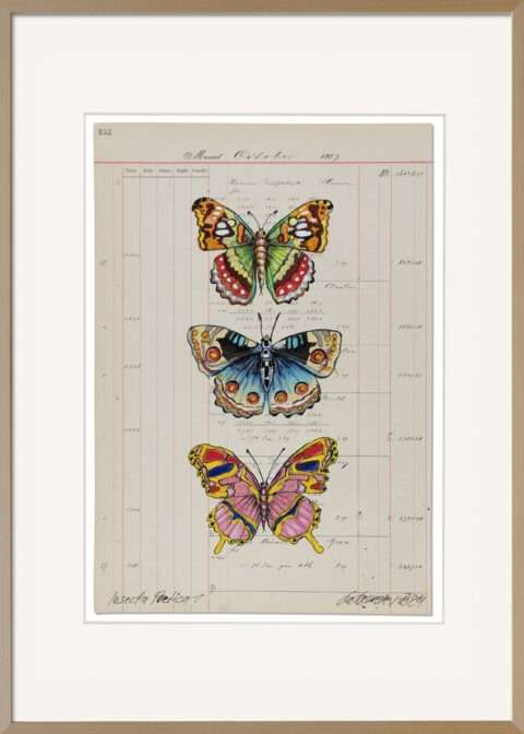 Die Arbeit von Thomas Gatzemeier Insecta Poetica 1 ist ein Blatt aus einer Serie von Schmetterlingsbildern, die jeweils drei Schmetterlinge auf einem Hochformat zeigen. Auch diese Arbeiten sind auf Kontoblättern der Jahrhundertwende ausgeführt.