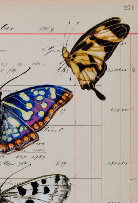 Das Detail 2 der Arbeit von Thomas Gatzemeier Insecta Poetica 2 zeigt das alte Kontopapier beschriftet und zwei Flügel der darauf gemalten Schmetterlinge.