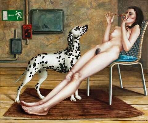 Einzigartig ist die Arbeit von Thomas Gatzemeier Mikado Gemälde aus dem Jahr 2016. Ein Aktgemälde in der Tradition der Leipziger Schule. Auf ihm ist eine gelangweilte, nackte junge Frau zu sehen, die mit einem Mikadostäbchen spielt. Ein Dalmatiner betrachtet ihr tun.