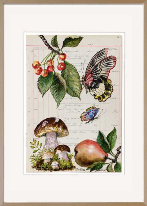 Die Malerei von Thomas Gatzemeier Pilzkirsche ist ein Blatt aus seinem Zyklus Sammelsurium und zeigt ein Gruß Steinpilze sowie eine Birne und oben links einen Zweig mit reifen Kirschen.