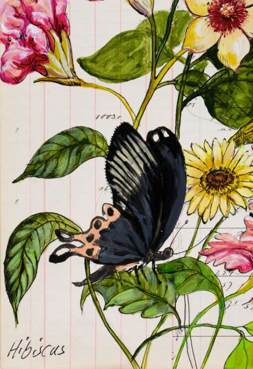 Das Detail des Kunstwerkes von Thomas Gatzemeier mit dem Titel Hibiskus Zeit den handschriftlichen Titel und einen Schmetterling sowie Blüten.