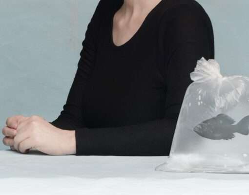 Die Fotografie von Somy Saman Breathe Detail 3 zeigt einen schwarzen Fisch in einer Plastiktüte, welche dicht verschlossen ist. Ein Symbol des erstickten Wiederstands.