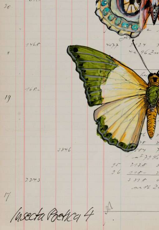 Dieses Detail des Originalkunstwerkes von Thomas Gatzemeier Insecta Poetica zeichnet sich nicht nur durch seine naturalistische Darstellung der Schmetterlinge aus, sondern ist auch von der Hand des Künstlers mit Titel und einer Signatur versehen.