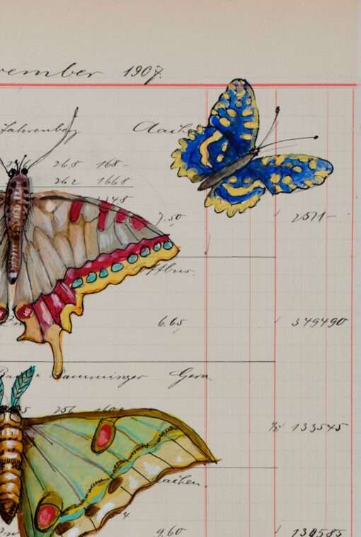 Zarte Flügel auf altem Papier - Thomas Gatzemeier Insecta Poetica 6 Schmetterlingsträume ist eine besondere Arbeit. Auf diesem Detail sieht man die Feinmalerei des Künstlers.