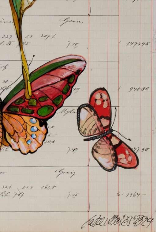 Die Detailaufnahme der Arbeit von Thomas Gatzemeier mit dem Titel Insecta Poetica 6 Schmetterlingsträume zeigt seine Signatur auf dem Blatt unten rechts. Dies ist ein wertvolles Unikat aus dem Zyklus Sammelsurium.