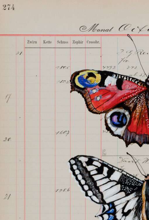 Thomas Gatzemeier Insecta Poetica 7 Die Leichtigkeit der Natur ist ein Unikat aus dem Zyklus Sammelsurium und zeigt Schmetterlinge in einer klaren Anordnung auf antikem Kontopapier.
