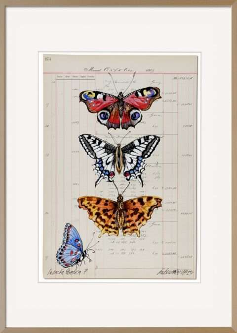 Die Natur als ständige Muse spielt im Werk von Thomas Gatzemeier Insecta Poetica 7 Die Leichtigkeit der Natur eine entscheidende Rolle. Schmetterlinge in ihrer Leichtigkeit auf antikem Kontopapier vermitteln dem Betrachter die Schönheit der Natur.