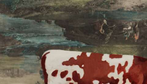 Auf dem Detail der Grafik von Thomas Gatzemeier mit dem Titel Unachtsame Hirten sind die Hirten klein hinter der Kuh zu sehen.