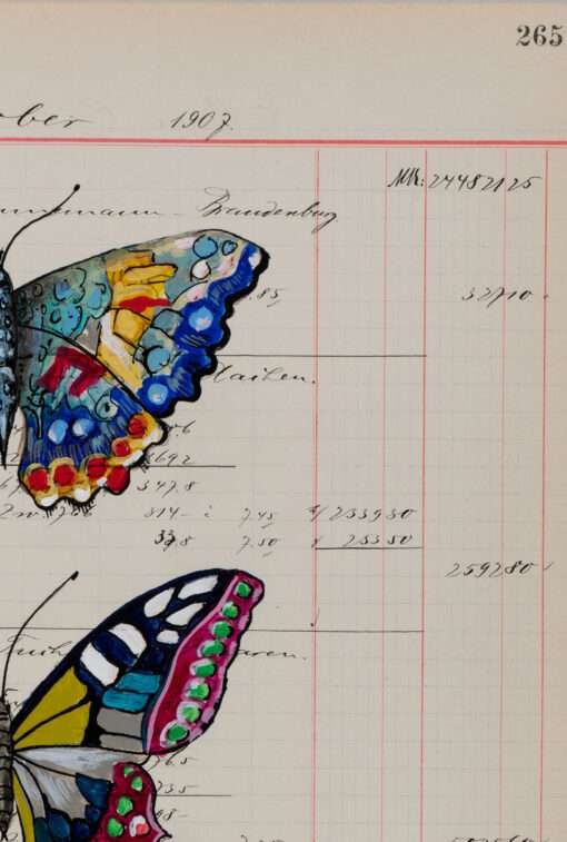 Auch in Thomas Gatzemeier Insecta Poetica 10 Detail 2 sieht man das antike Kontopapier mit den fein gemalten Schmetterlingsflügel.
