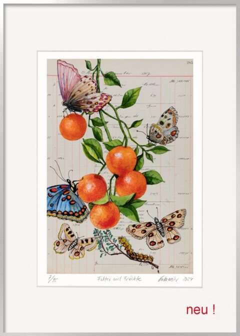 Die Grafik von Thomas Gatzemeier Falter und Früchte ist ein Blatt voller Lebensfreude. Auf einem historischen Kontoblatt arrangiert, entfalten die Natur-Motive eine besondere Spannung.