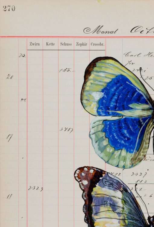Dieses Detail der Originalarbeit von Thomas Gatzemeier Insecta Poetica 8-zeigt die filigrane Gestaltung der Schmetterlinge auf altem Kontopapier.