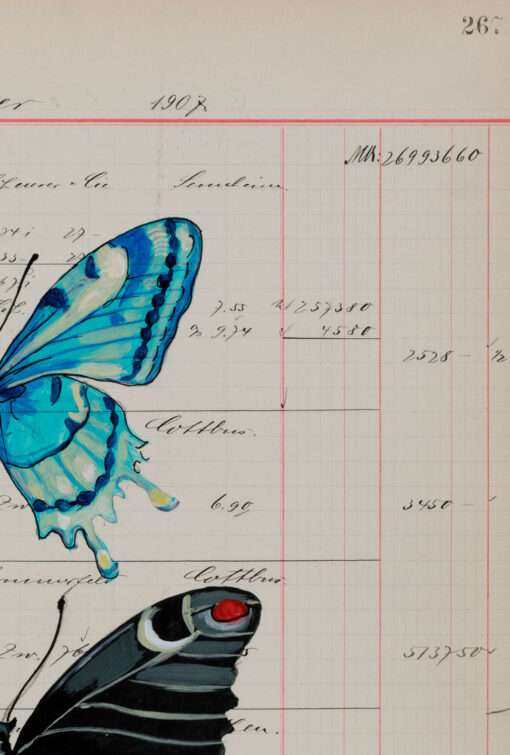 Das Bild von Thomas Gatzemeier Insecta Poetica 9 Unikat auf Kontopapier ist poetische Insektenkunst. Drei Schmetterlinge auf antikem Kontopapier in feiner Malerei mit hochwertigen leuchtenden Farben gemalt.