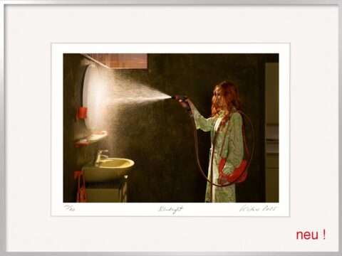 Die Fotografie von Horst Kistner Blindsight zeigt eine Frau mit kupferrotem Haar in einem mintgrünen, paisleygemusterten Kleidungsstück vor einem Spiegel. Sie schickt einen scharfen Wasserstrahl auf ihr Spiegelbild.