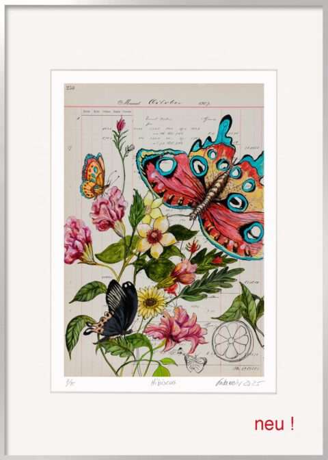 Thomas Gatzemeier Hibiskus Grafik ist eine wundervolle Darstellung der Blüte mit Schmetterlingen und anderen Details.