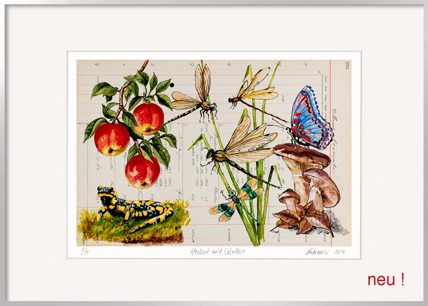 Die neue Grafik von Thomas Gatzemeier Herbst mit Libellen ist für Naturliebhaberinnen das ideale Geschenk. Äpfel, ein Feuersalamander, Libellen, ein Schmetterling und Pilze haben ein Kontoblatt besiedelt.